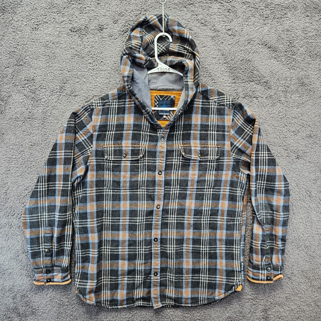 Prana Hooded Shirt Mens XL Black Brown Plaid Fleece Long Sleeves Button Up
