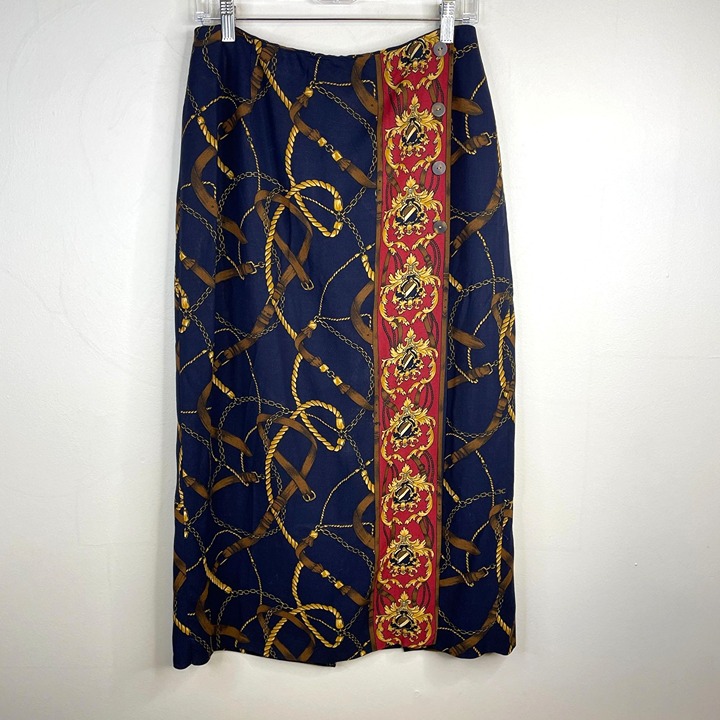 Vintage Womens EQUESTRIAN FAUX WRAP Midi Skirt Size 10 CHAIN Print Old Money