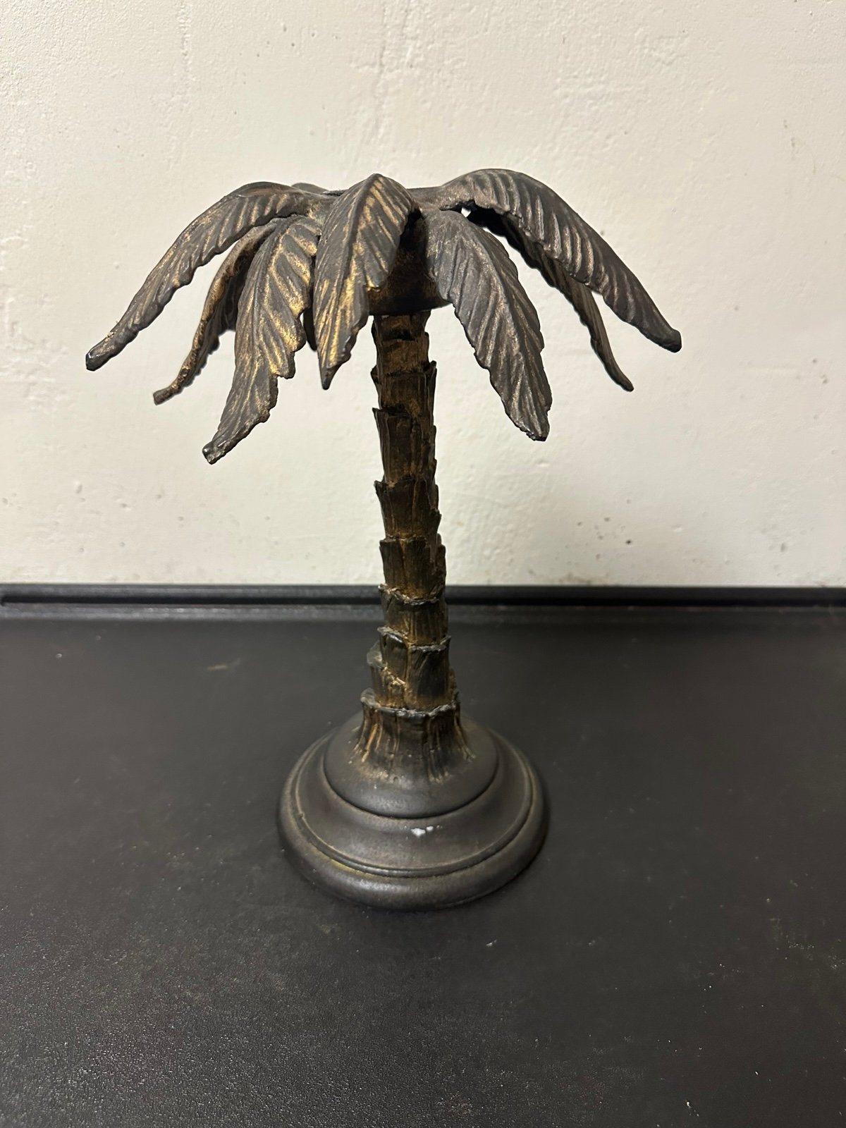 1990s Hollywood Regency Cast Iron Metal Palm Trees Candle Holder Candlestick