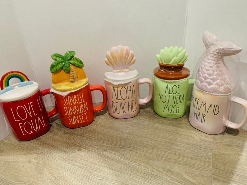 Rae Dunn Summer Mugs with toppers