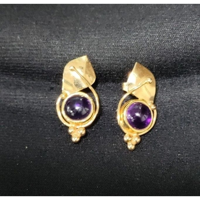 Gold Plated Round Amethyst Stone Leaf Stud Earrings