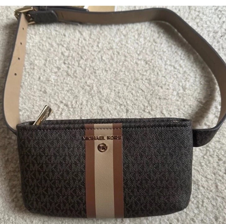 MICHAEL KORS logo center stripe faux-leather belt bag /fanny pack -Brown -S/M