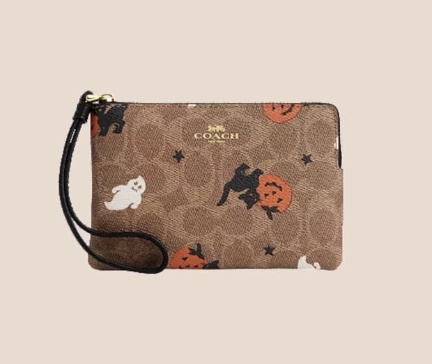 Coach Corner Zip Wristlet In Signature Canvas With Halloween Print NWT