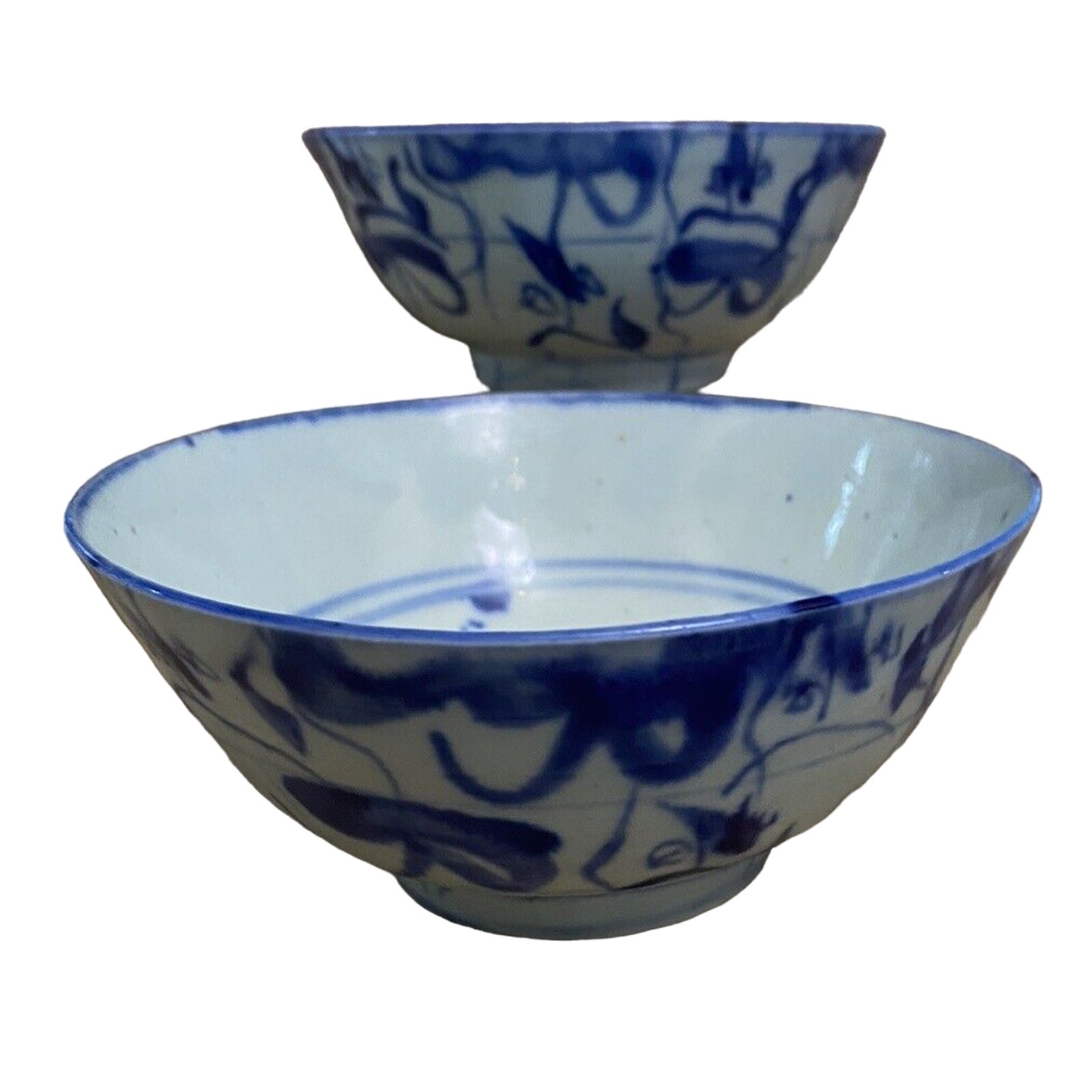2 Antique Chinese Blue & White Qing Dynasty Bowls 2.75 hx5.5 w handpainted
