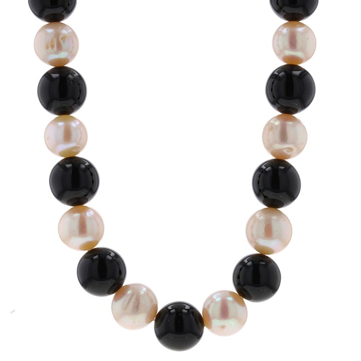 Yellow Gold Onyx & Cultured Pearl Beaded Strand Necklace 18 - 14k V1825