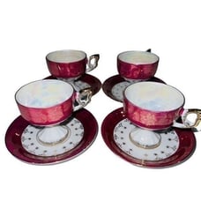 Vintage Sterling China Japanese Lusterware 8pc Set 4 Tea Cups 4 Saucer Burgundy