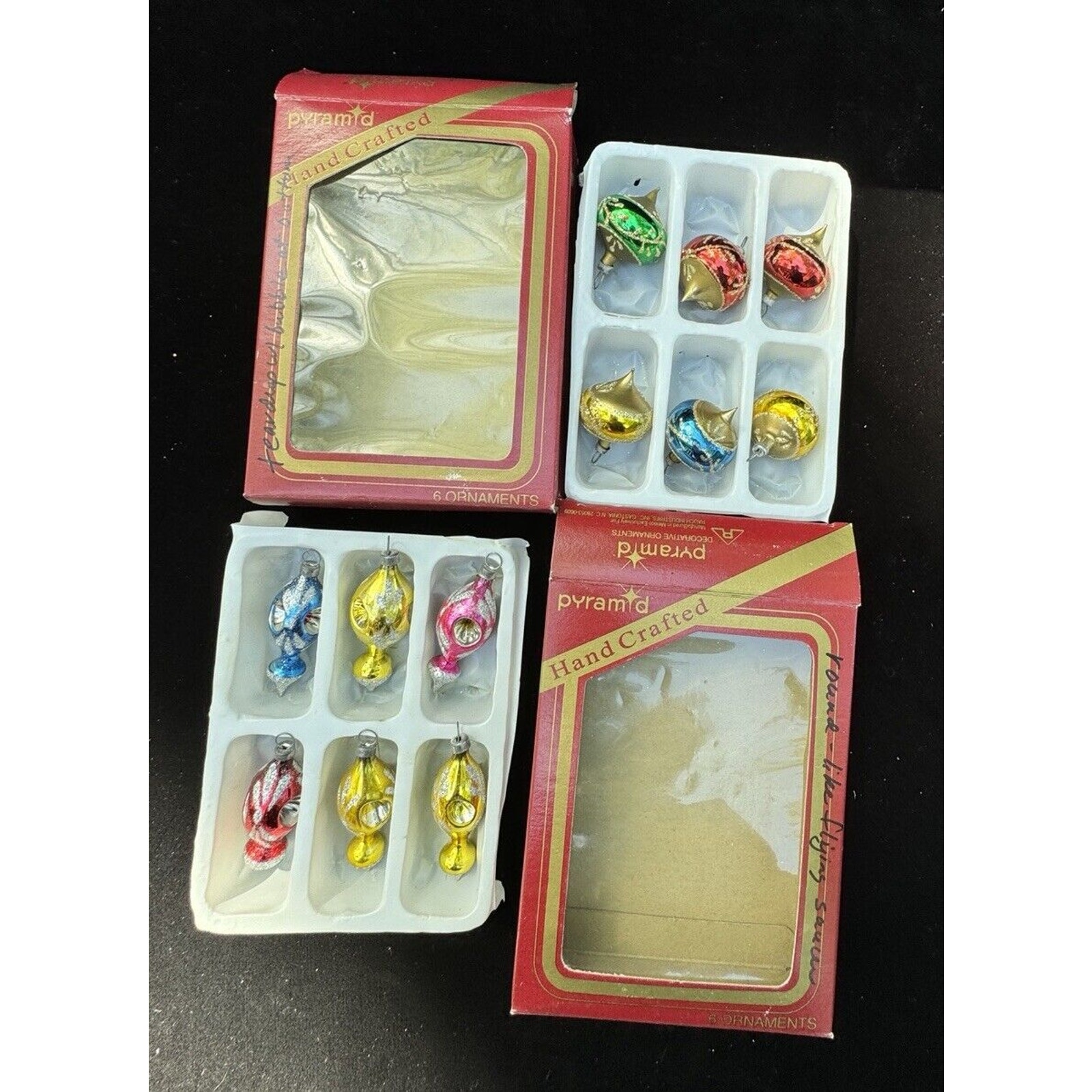 2 Boxes Vintage Pyramid Blown Glass Glitter Ornaments Beautiful Designs -Ch10