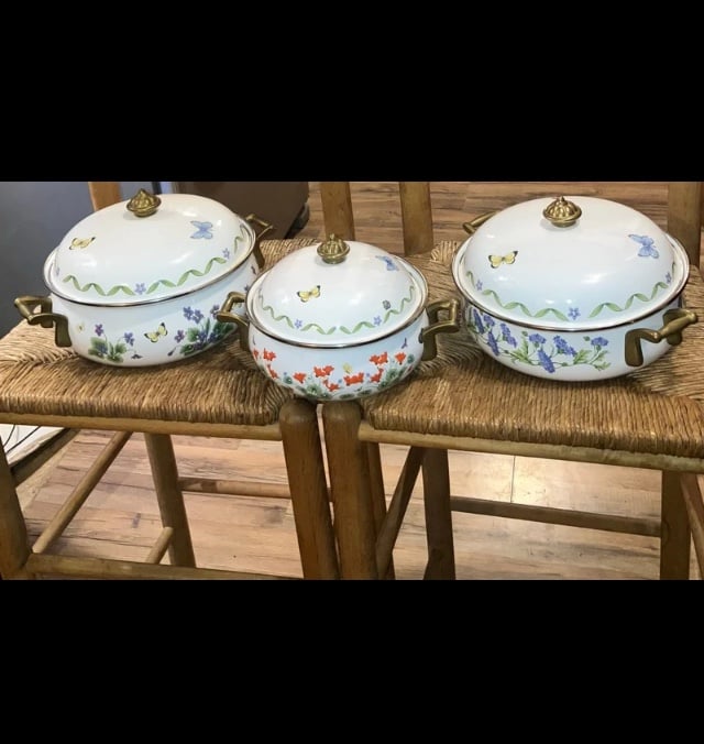 Set Of 3 Vintage Windemere Garden Enamelware Pots And Pans