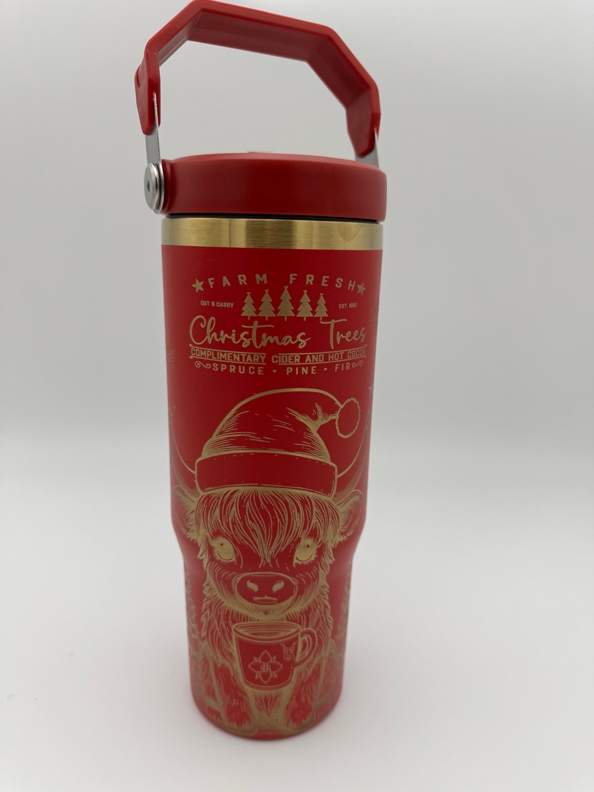 Festive Highland Cow at Christmas Tree Farm Laser Engrave 30oz Insulated Tumbler