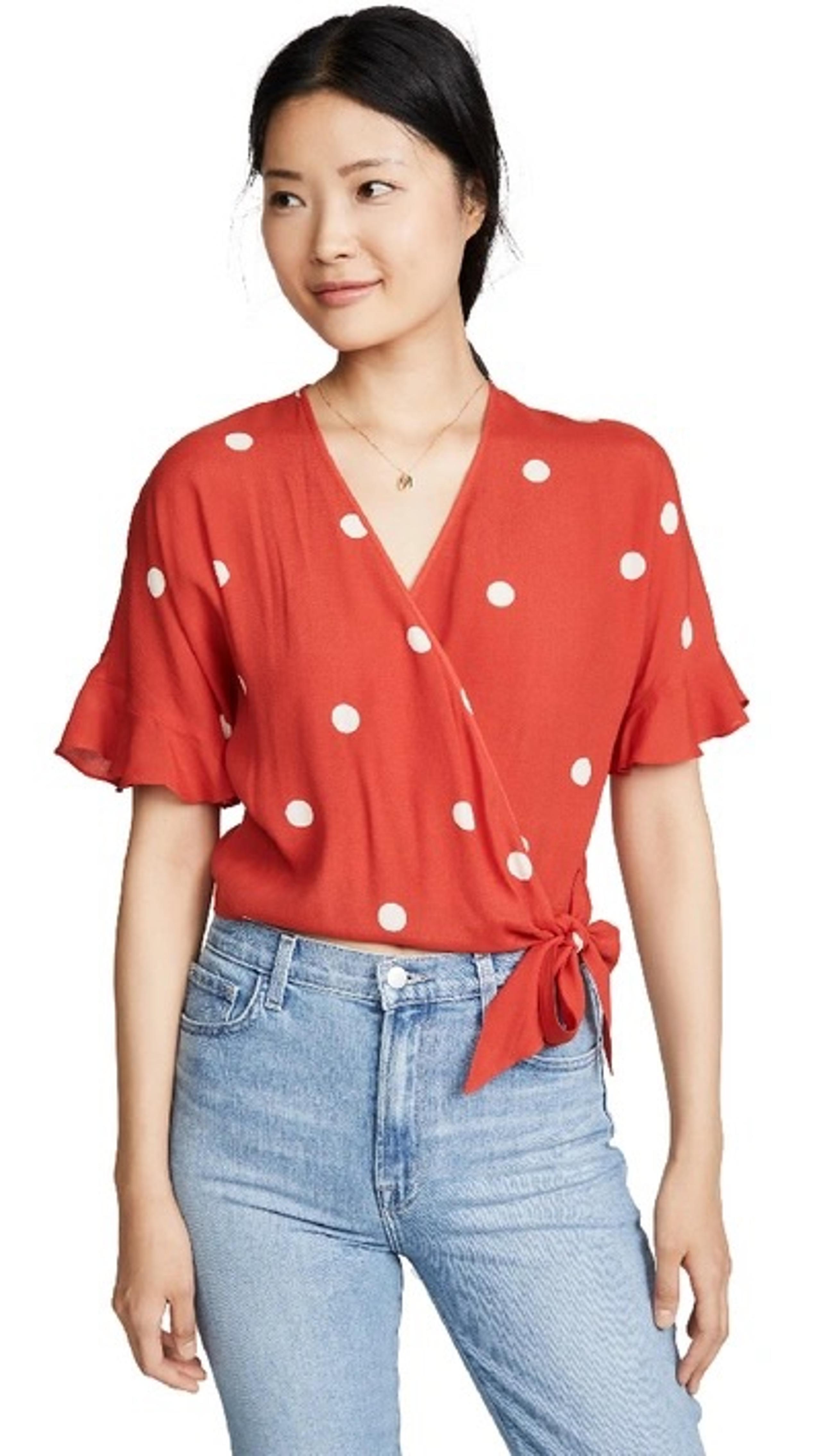 Rails Red Cropped Wrap Top with White Polka Dots