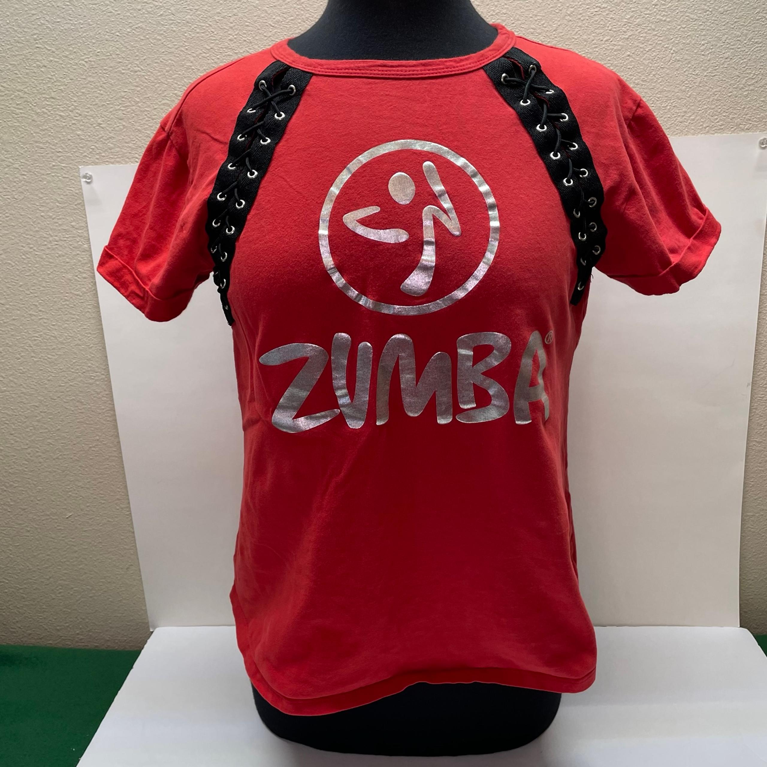 Zumba women’s athletic t-shirt size medium - red silver & black w/ black accent
