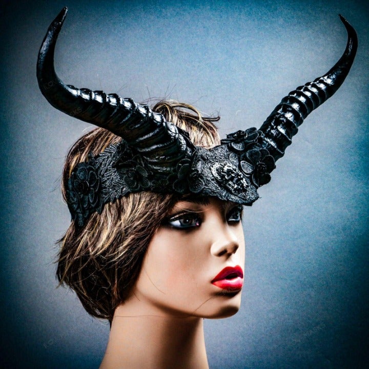 Black Lace Horned Headband Flowers Mystical Creature Antlers Demons Devils #1714