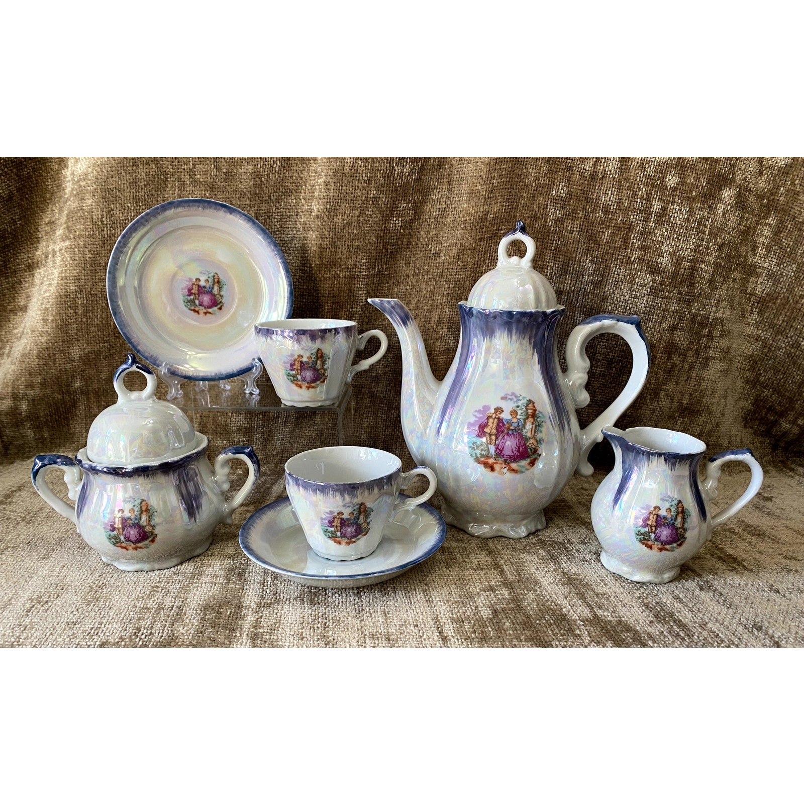 Vtg Japanese Romeo and Juliet Lusterware Tea Set c.1950's w/ Musical Tea Pot