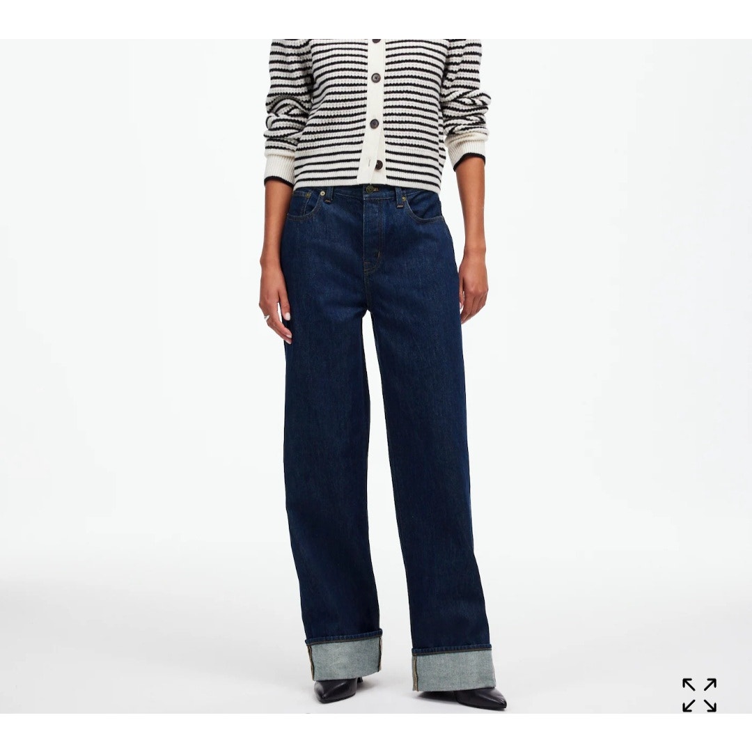 Madewell Low Slung Baggy Wide Leg Button Fly Jeans Rolled Cuff Dark Rinse 26