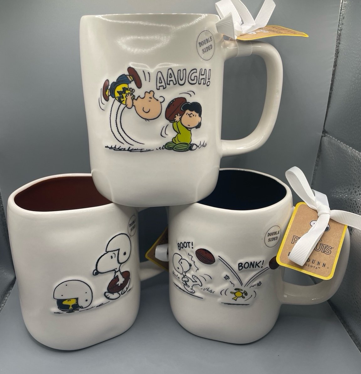 Rae Dunn Peanuts Football Mugs TOUCHDOWN, GAMEDAY FOOTBALL SEASON Set Of 3 NEW