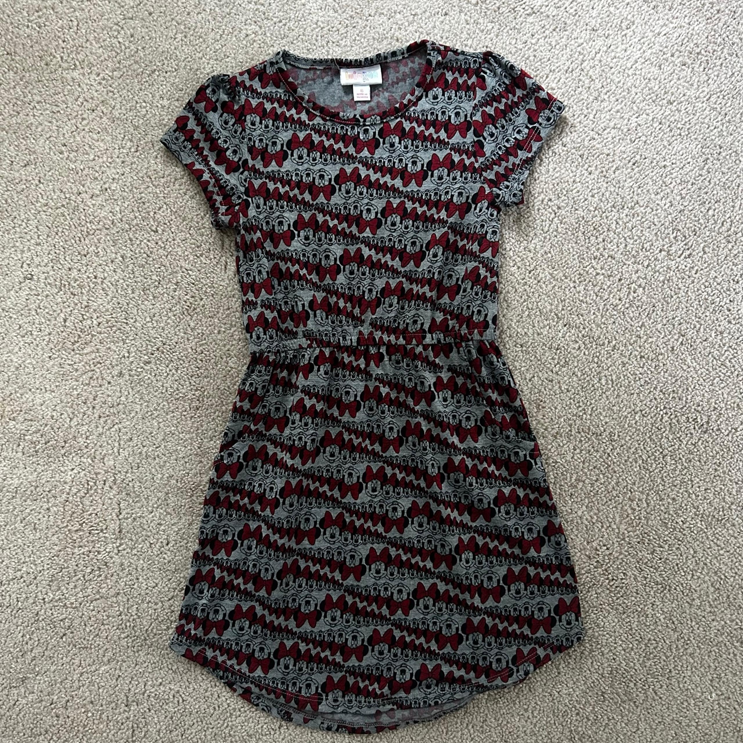 Likenew LulaRoe Disney Minnie Mouse All Over Girls Gray Dress Size 6 Pockets