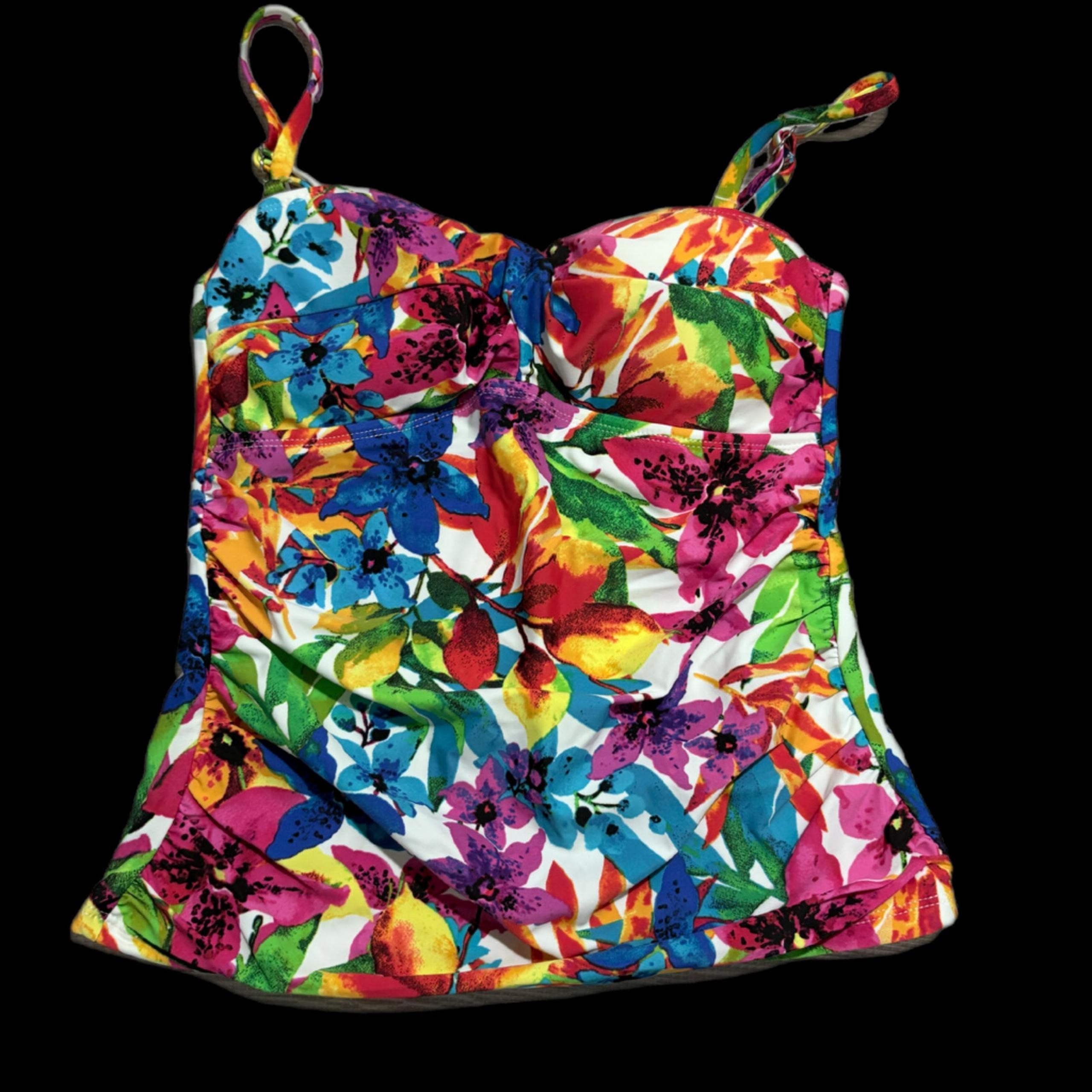 Chaps Floral Tankini Swim Top Multicolor Adjustable Straps Ruched Bust Size 6 M