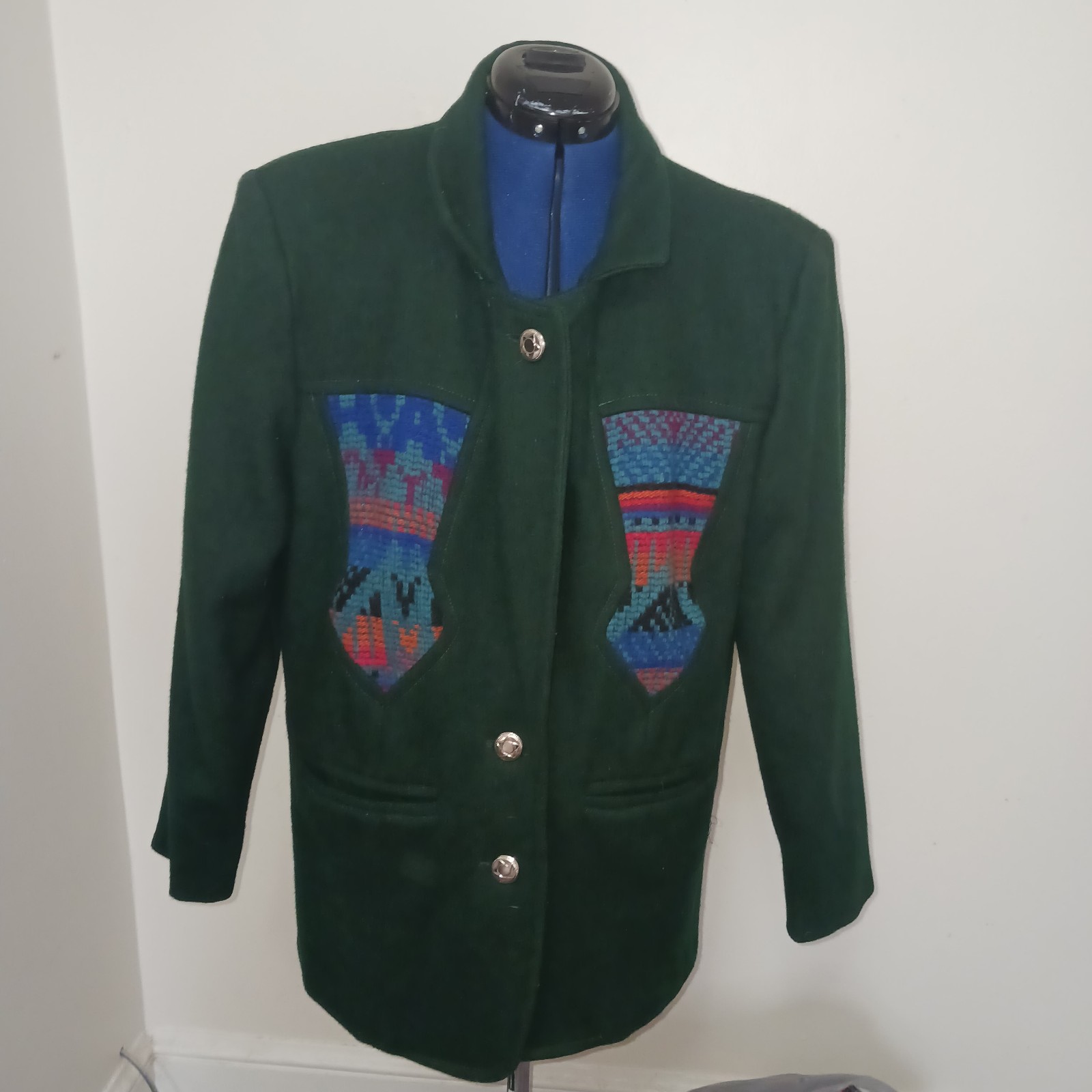 Wool Blend Green Pea Coat Button Medium Aztec Stitch Front Back