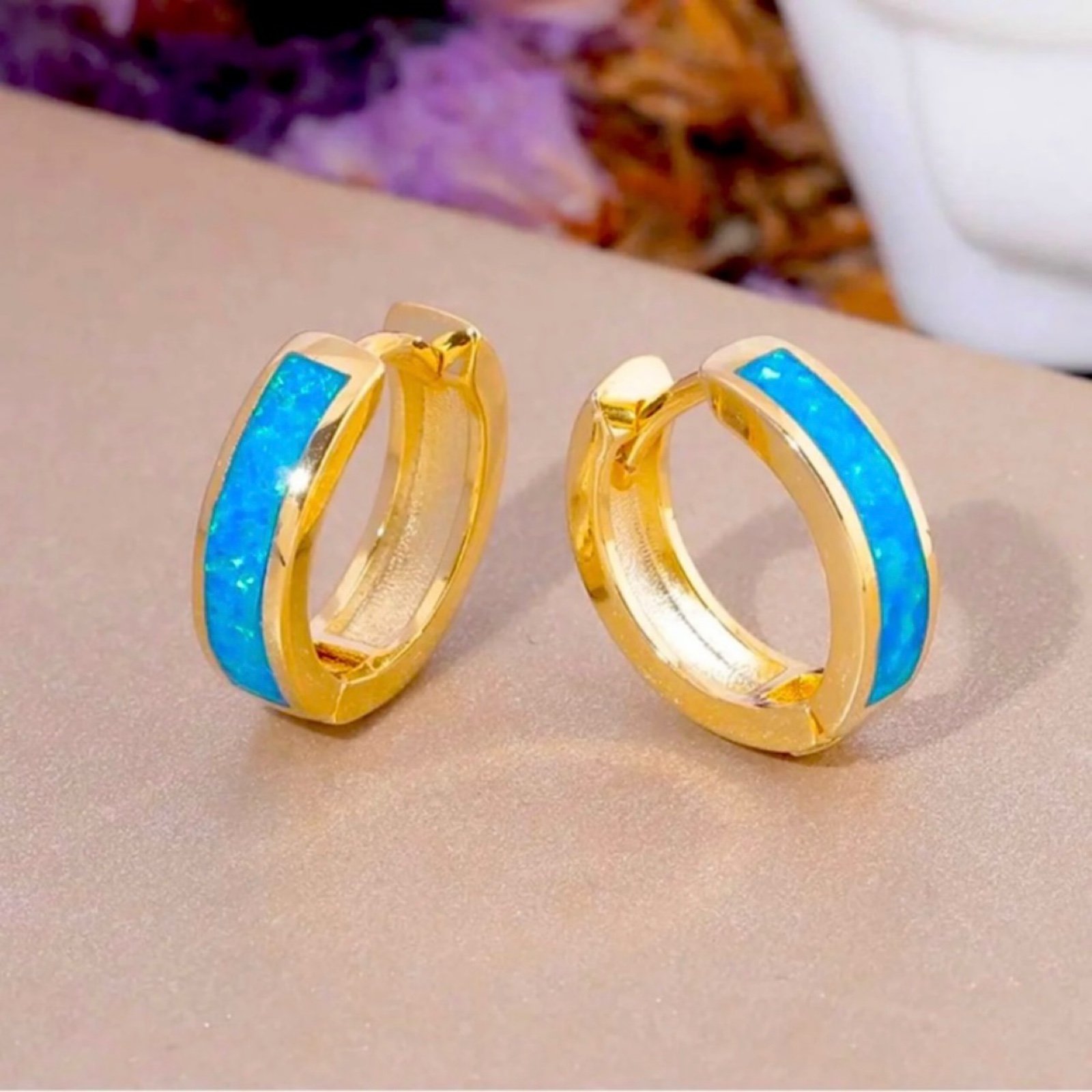 Genuine Opal Inlay 14K Yellow Gold Huggie Hoop Earrings, NWT