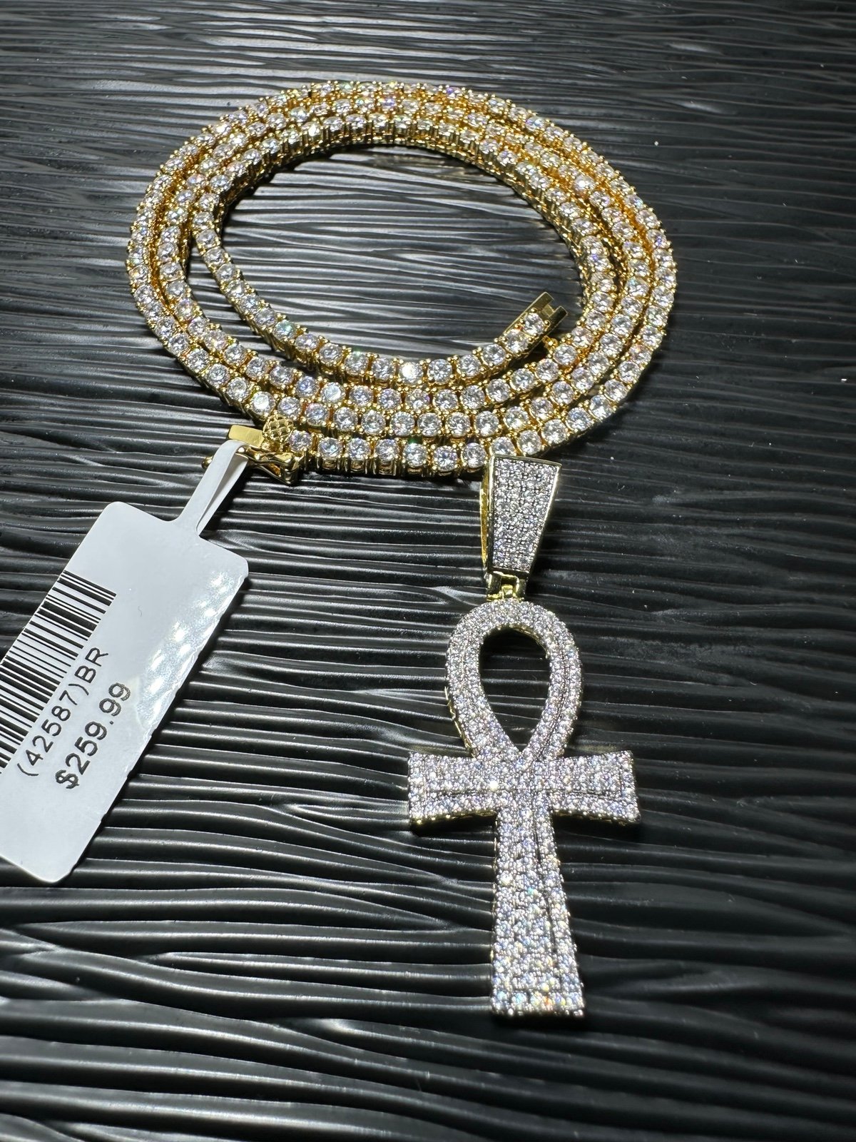 14K Gold plated Iced out tennis chain 20” and Ankh cross pendant 3mm