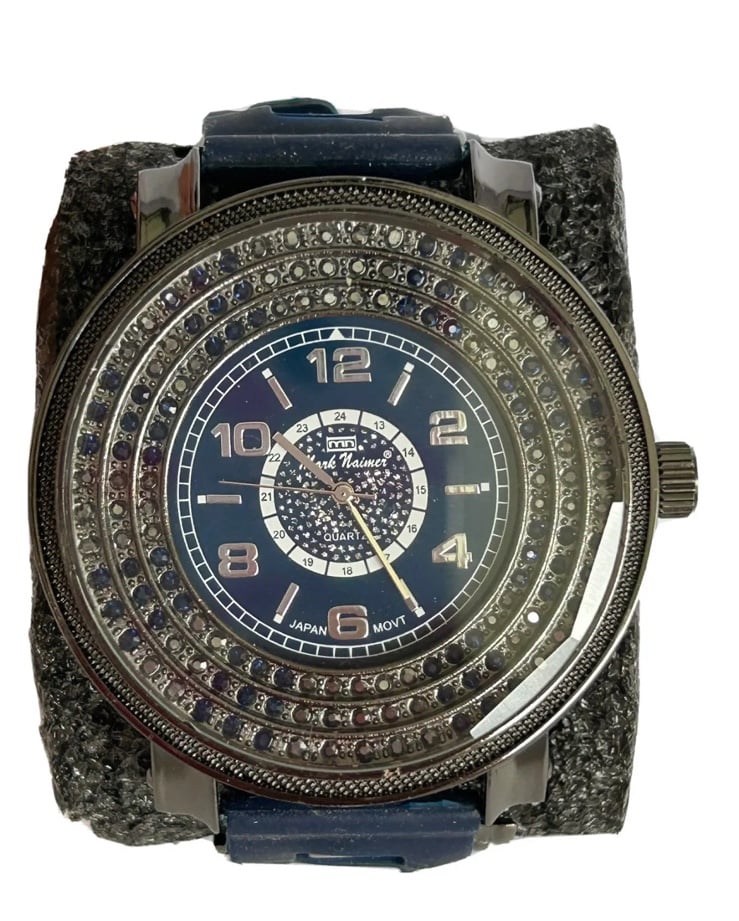 Mark Naimer Men Wristwatch Blue Rubber Band Sport Quartz Big Face Watch Iced