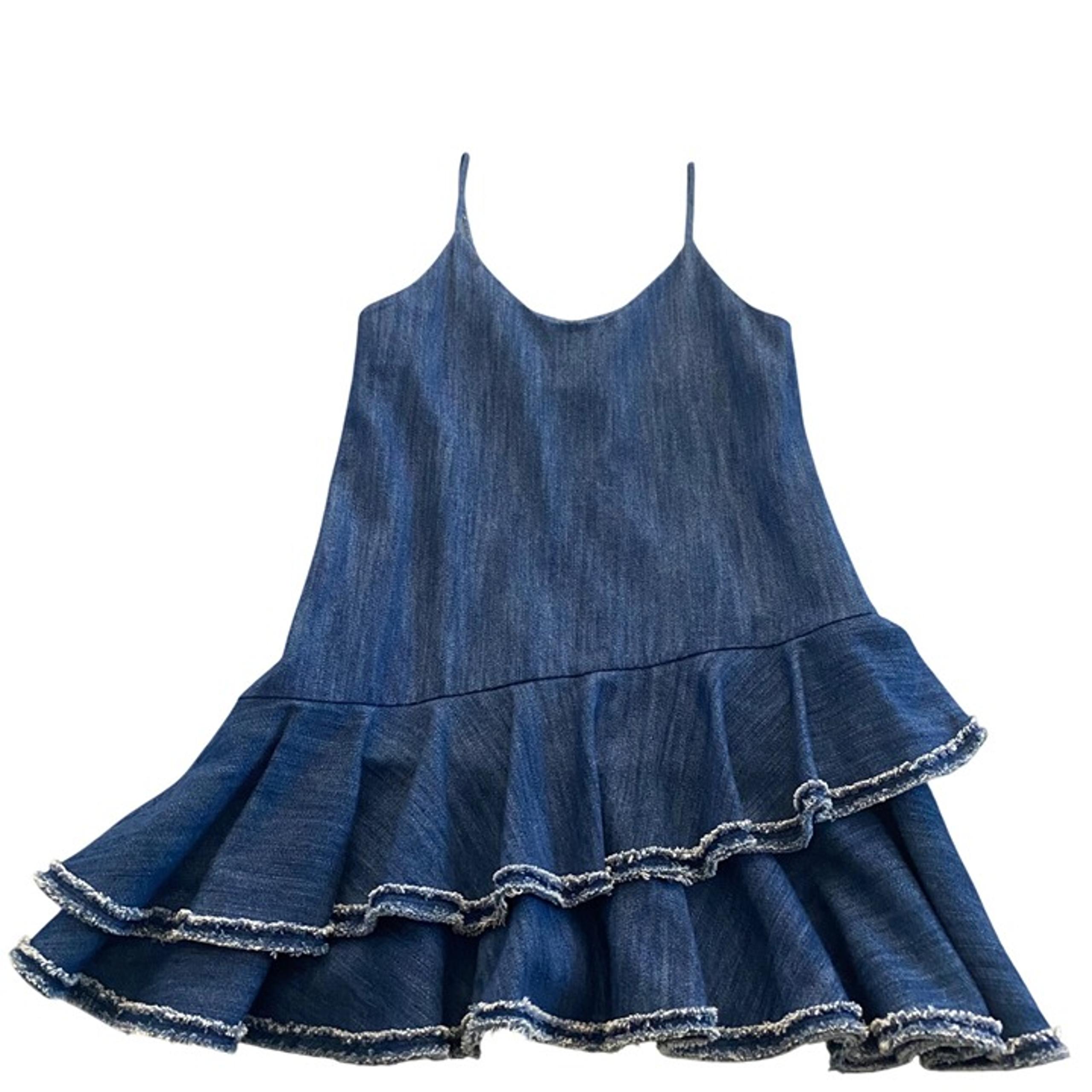 Alexis Women's Drop Waist Denim Ruffled Mini Dress Spaghetti Straps 100% Cotton