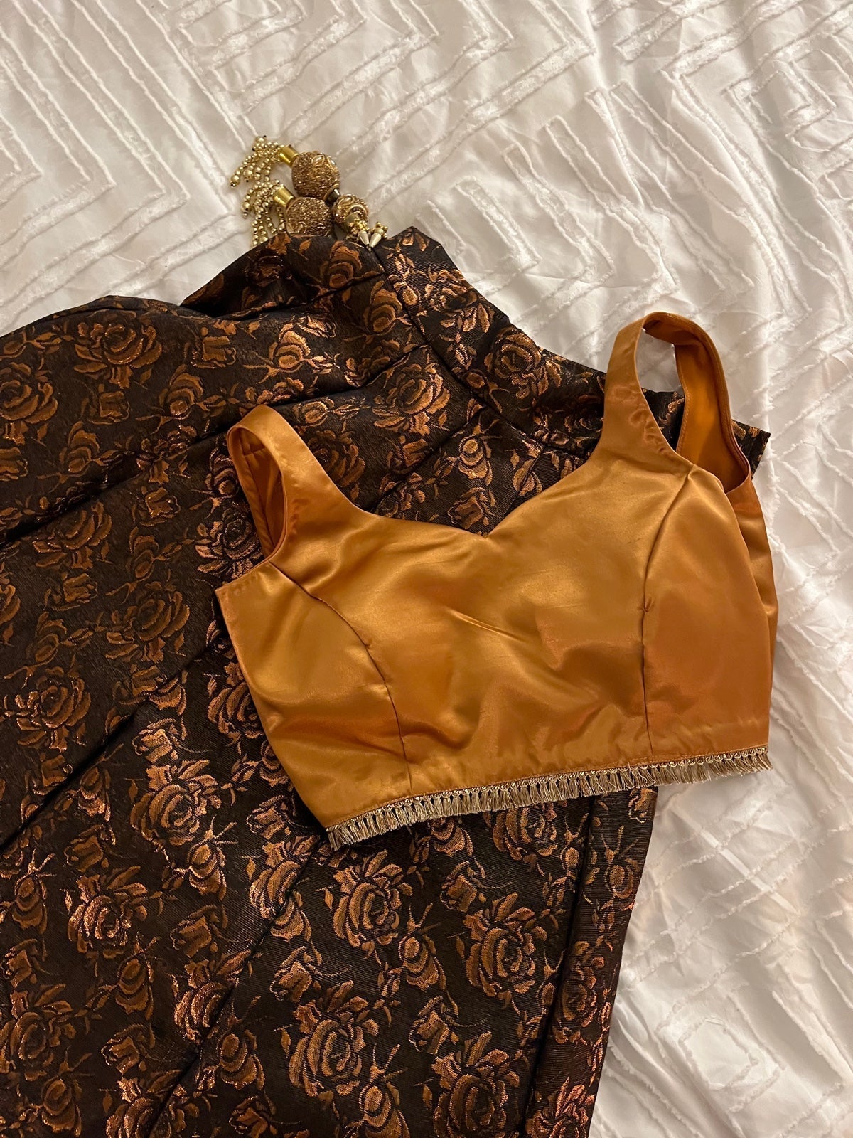Black and orange rust brown lehenga and blouse maxi skirt crop top co ord