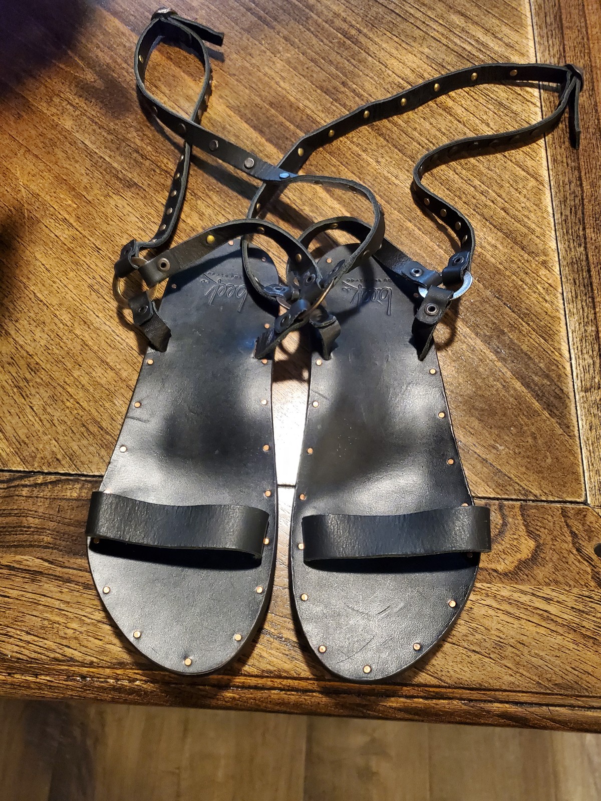BEEK Black Leather Stud Lorikeet Gladiator Sandals Size 6