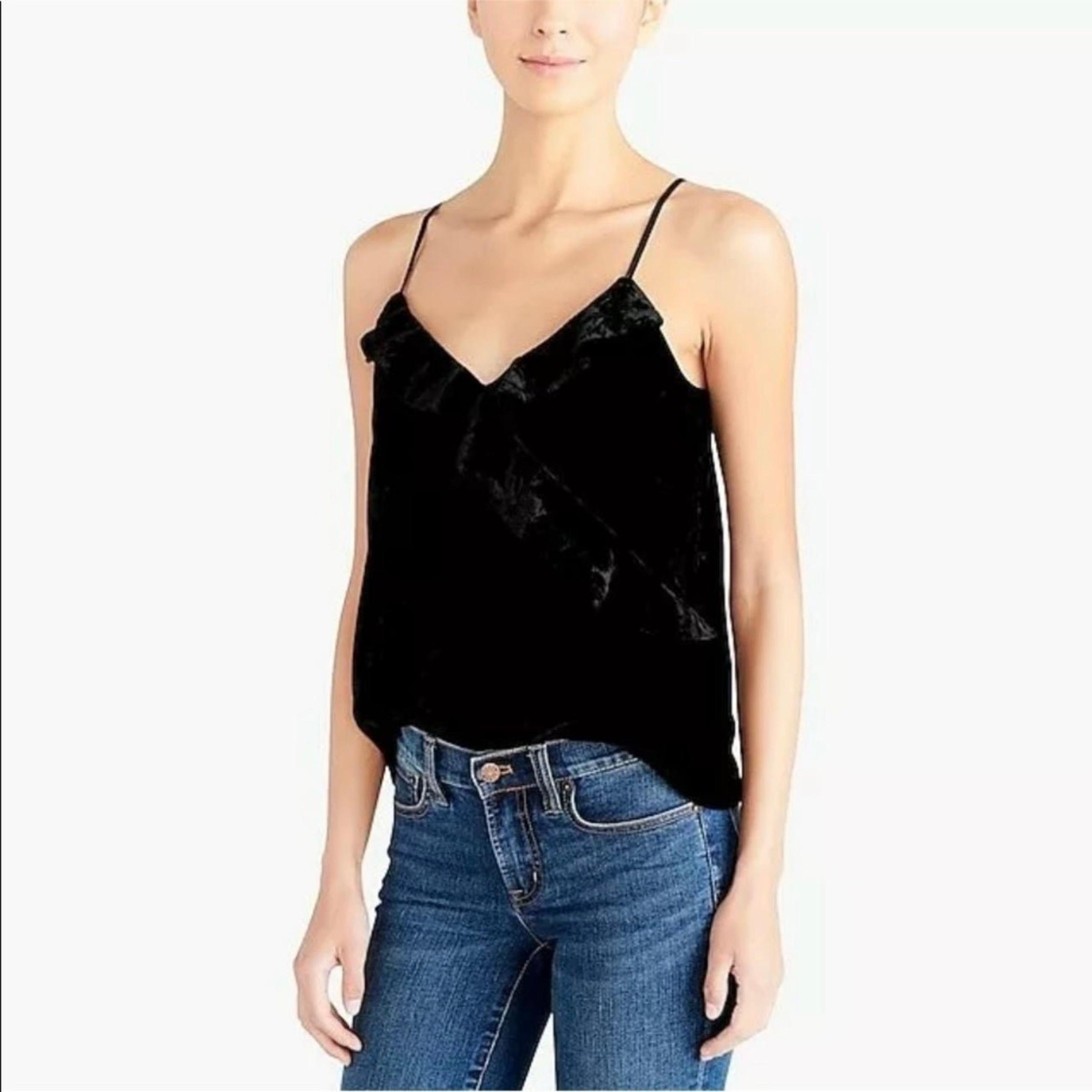 J. Crew Womens Black Velvet V Neck Ruffle Trim Cami Blouse Top Spaghetti Straps