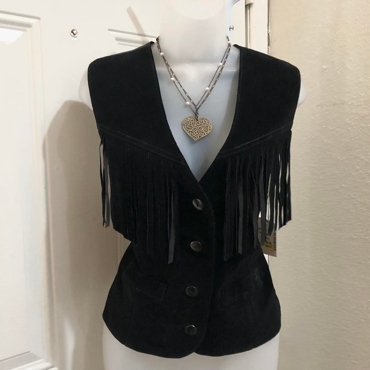 NWT Black Genuine suede leather fringe vest button up western boho indie goth