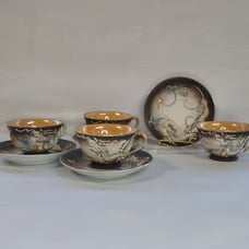 Vintage Occupied Japan Dragonware Tea Cups Saucer Set (4) Moriage Orange Luster