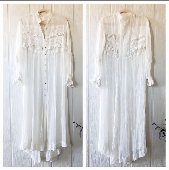 Free People Amelia Sheer Lace Button Down Maxi Kimono Cream XS