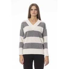 Baldinini Trend Chic V-Neck Wool-Cashmere Blend Gray and White Striped Sweater