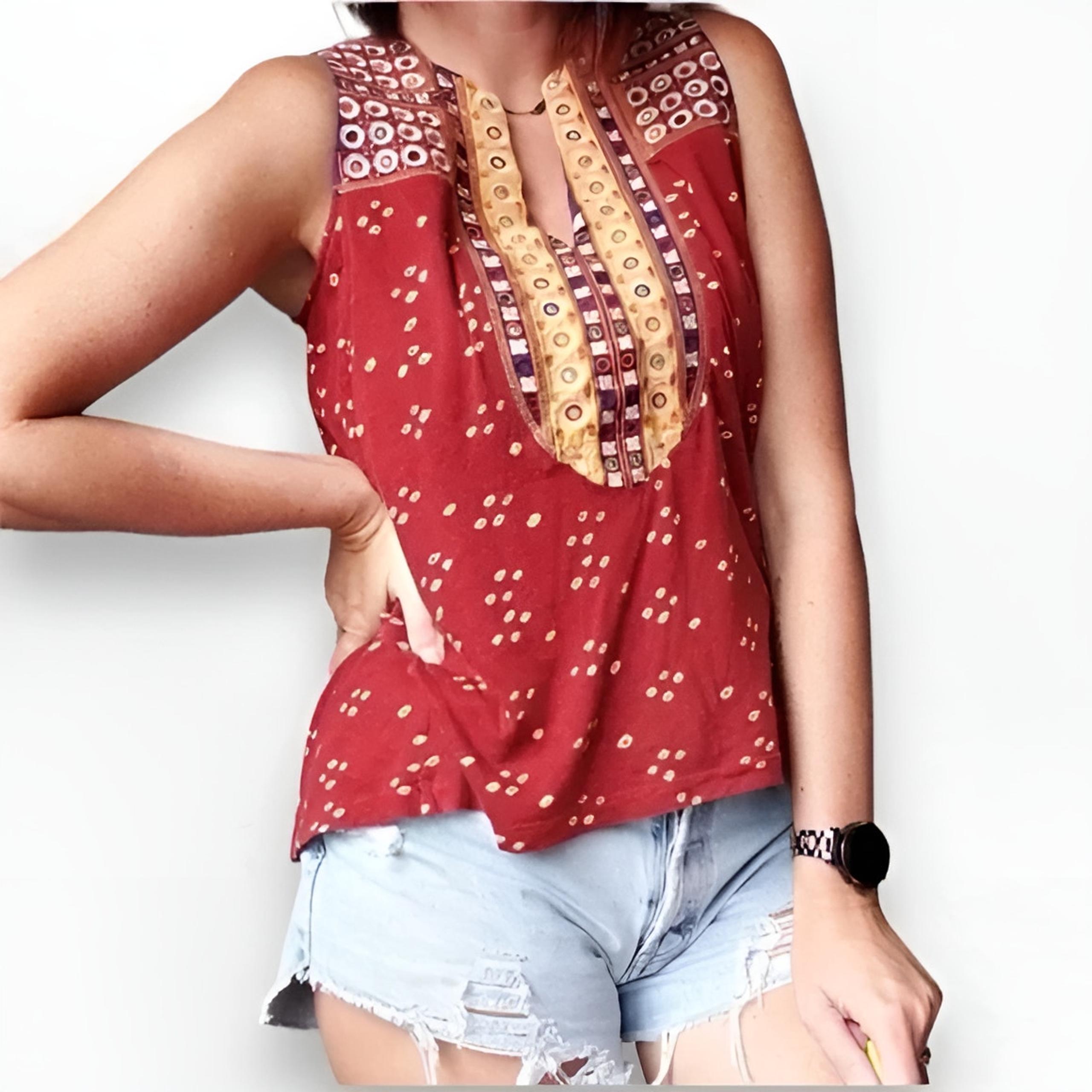 Anthropologie Tiny Womens Boho Summer Sleeveless Embroidered Tank Top XS Red