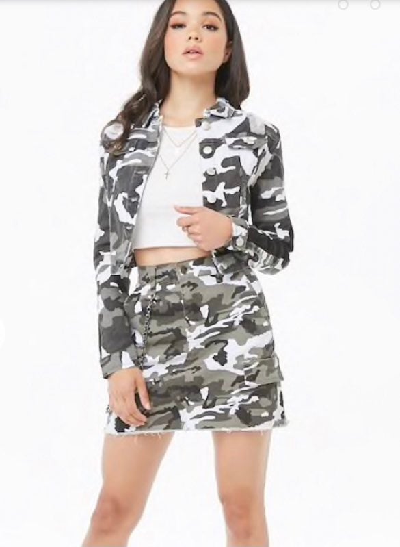 Camo print skirt and jacket set