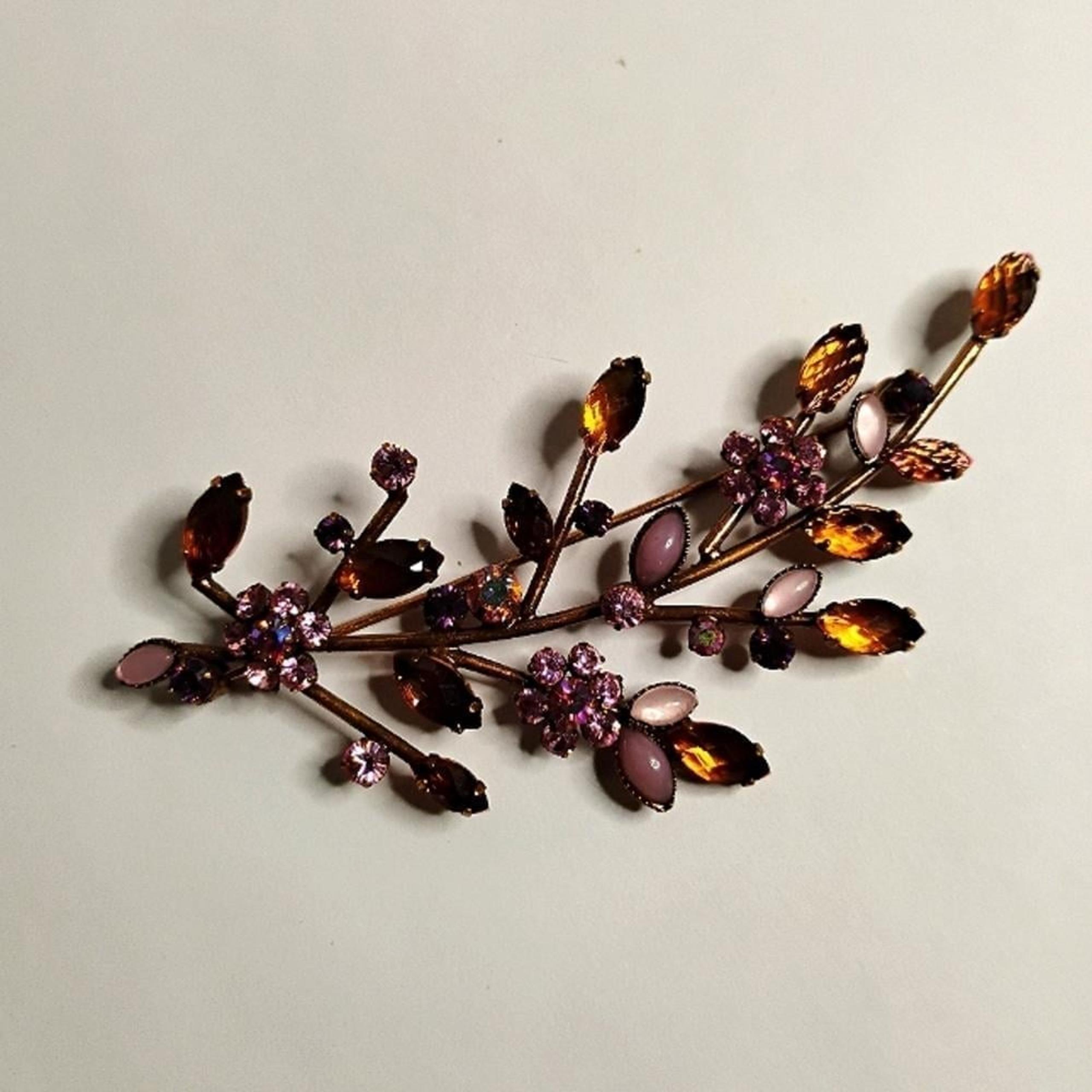 Vintage Signed Joan Rivers Copper Tone Rhinestone Floral Plum Spray Brooch