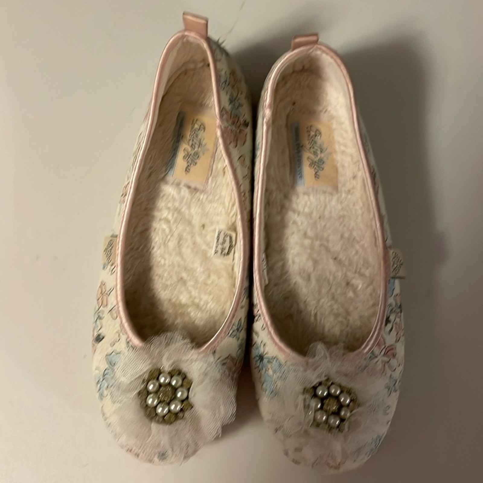 Pretty You London Brand Floral Pearl Ballet Slippers House Shoes Fluff Lined 8-9