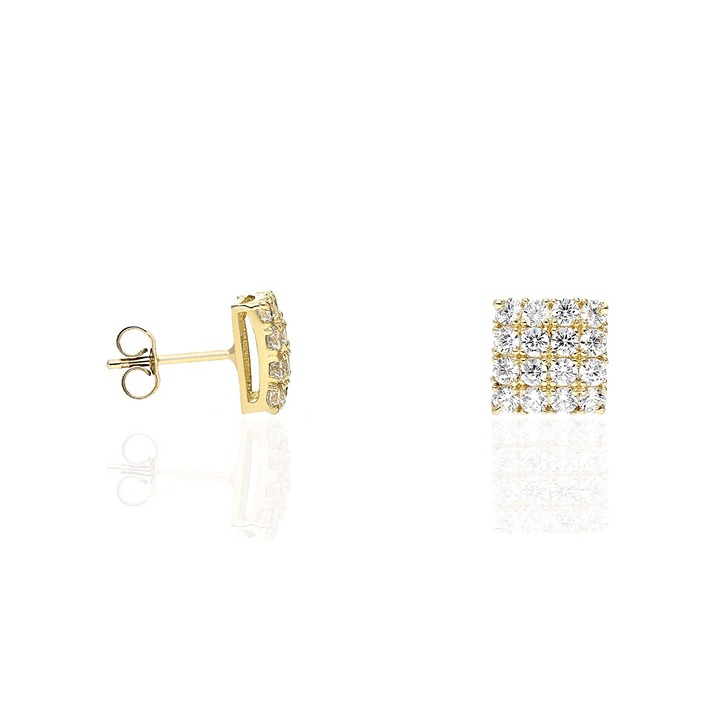 10K Yellow Gold Pave Set 1Ct Simulated Diamond Square Stud Earrings