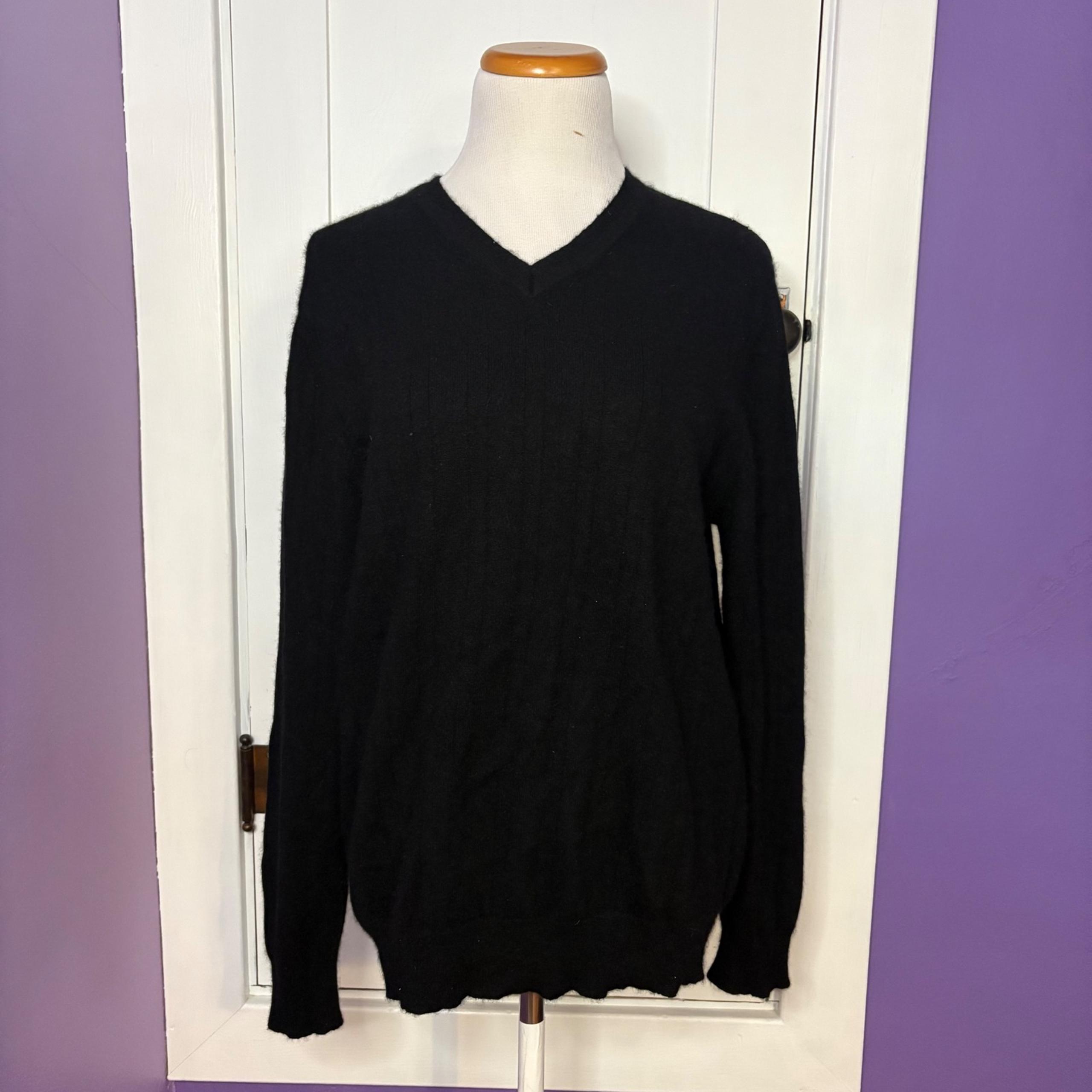 Cezani Men 100% Cashmere Sweater V-Neck Fine 2 Ply Soft Pullover Black Large