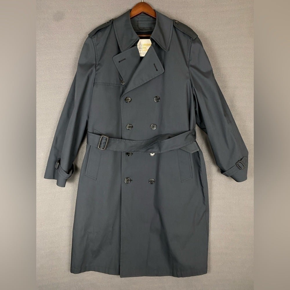 Vintage London Fog Trench Coat Men's 40 Reg Navy Blue Removable Liner Academia