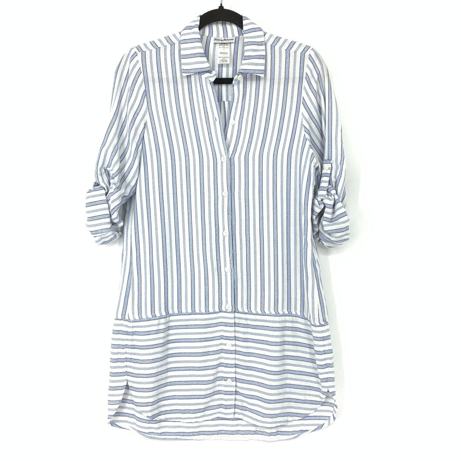 Tommy Bahama Women's Sz XS Ticking Stripe Boyfriend Shirt Tab Sleeve Blue White