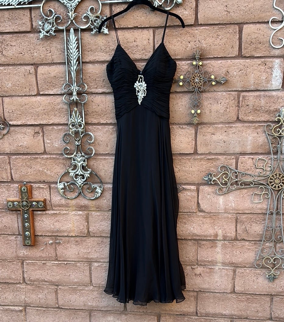 Vintage Basix Black Silk Dress Maxi Formal Spaghetti Straps Sz 4 Rhinestones