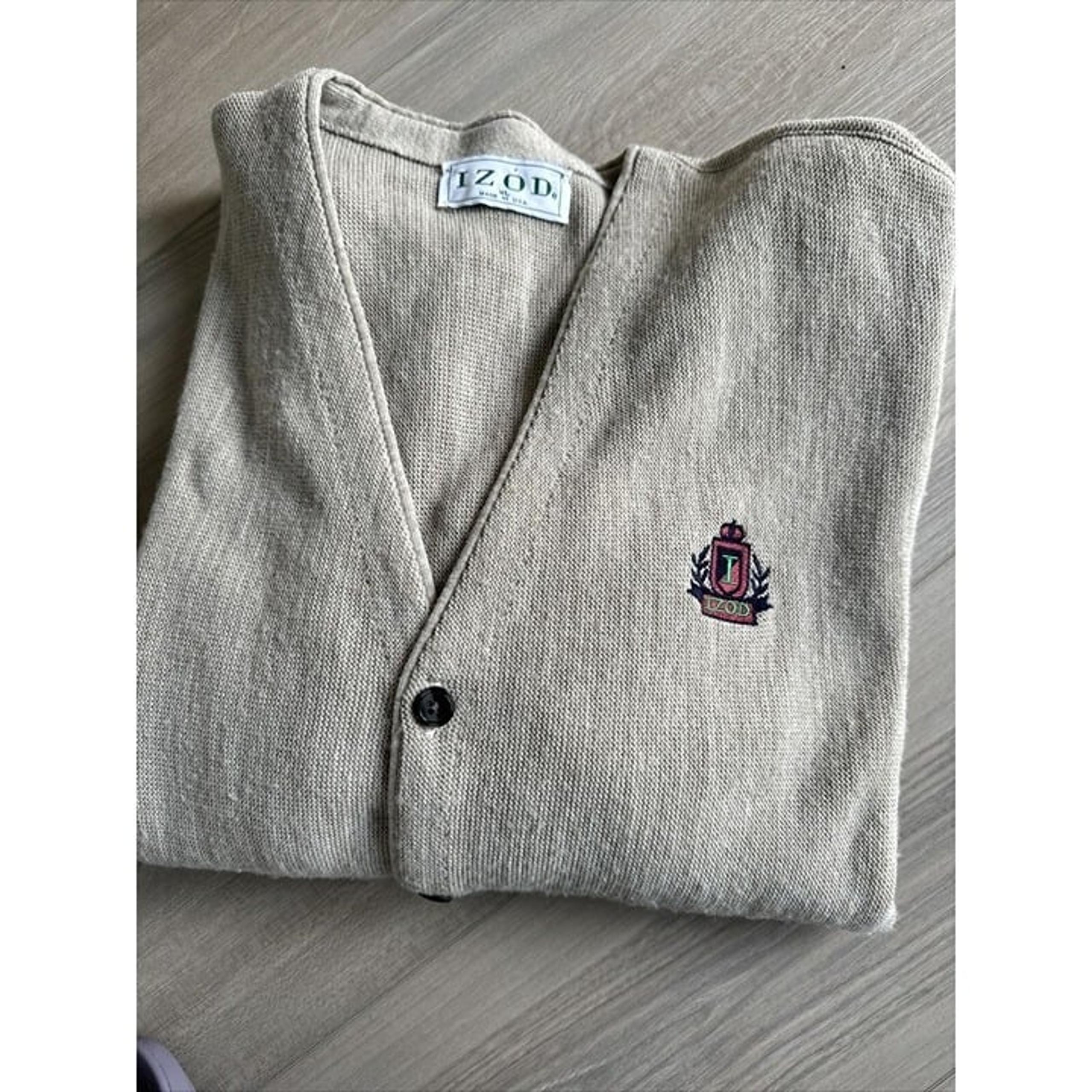 Vintage Izod Cardigan Men Sz XL Beige Button Up Long Sleeve Made In USA Sweater