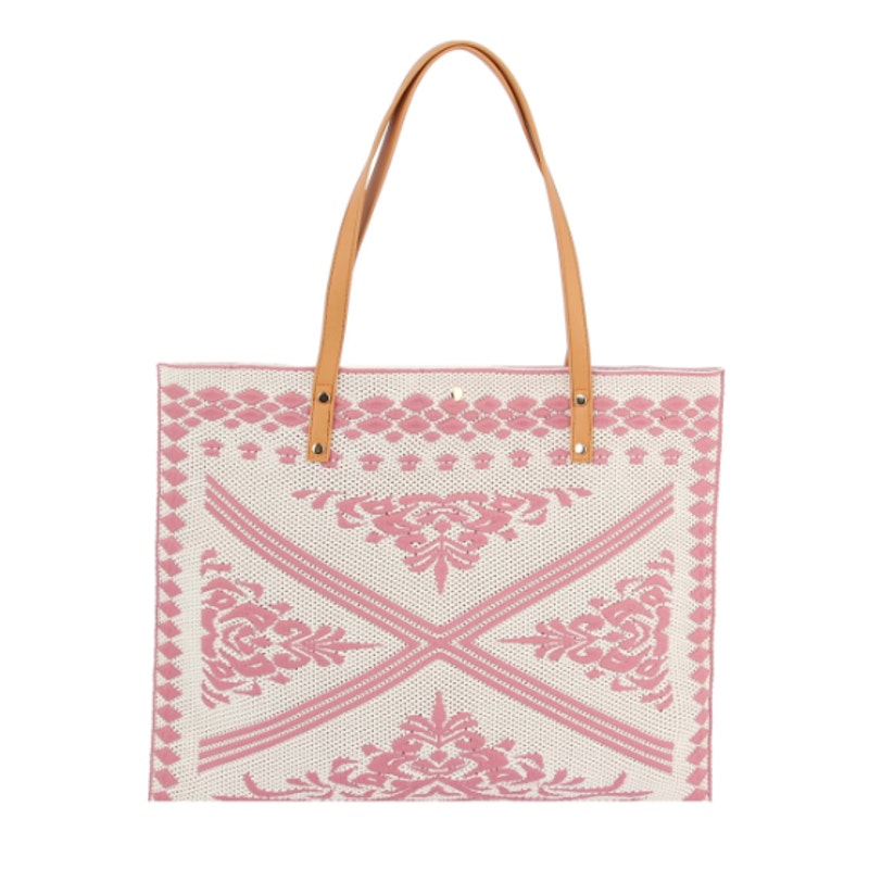 Women's Knitted Textured Tote Bag with Crochet Design Pink | SAME DAY SHIP