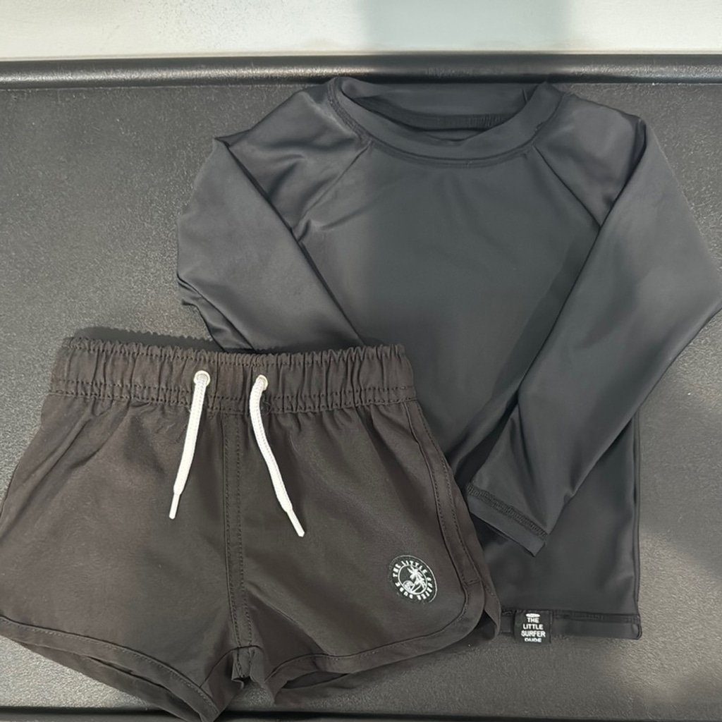 Little Surfer Dude Black Rashguard & Swim Trunks 6-12 Months EUC