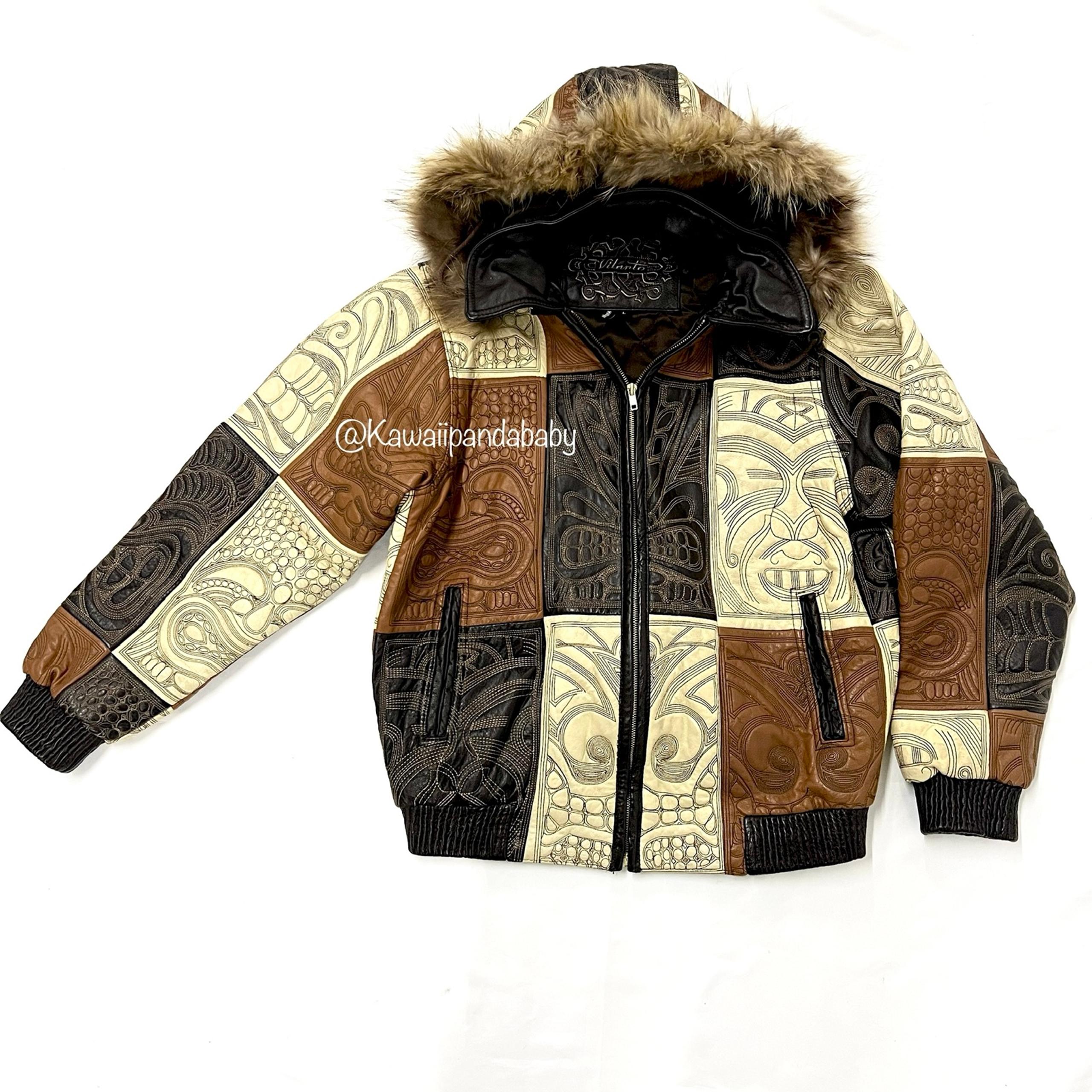 Y2K VTG Vilanto Brown Patchwork Embroidered Fur Hood Leather Jacket Coat Large