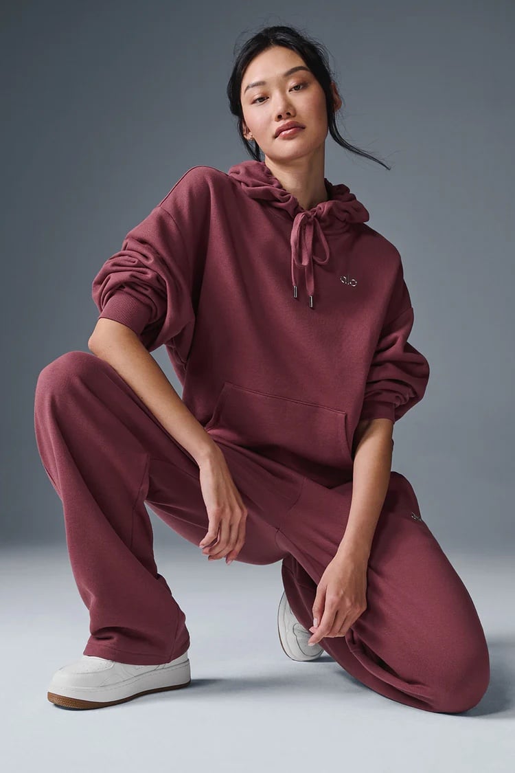 Alo Accolade Hoodie & Straight Leg Sweatpants Set NWT Burgundy Truffle