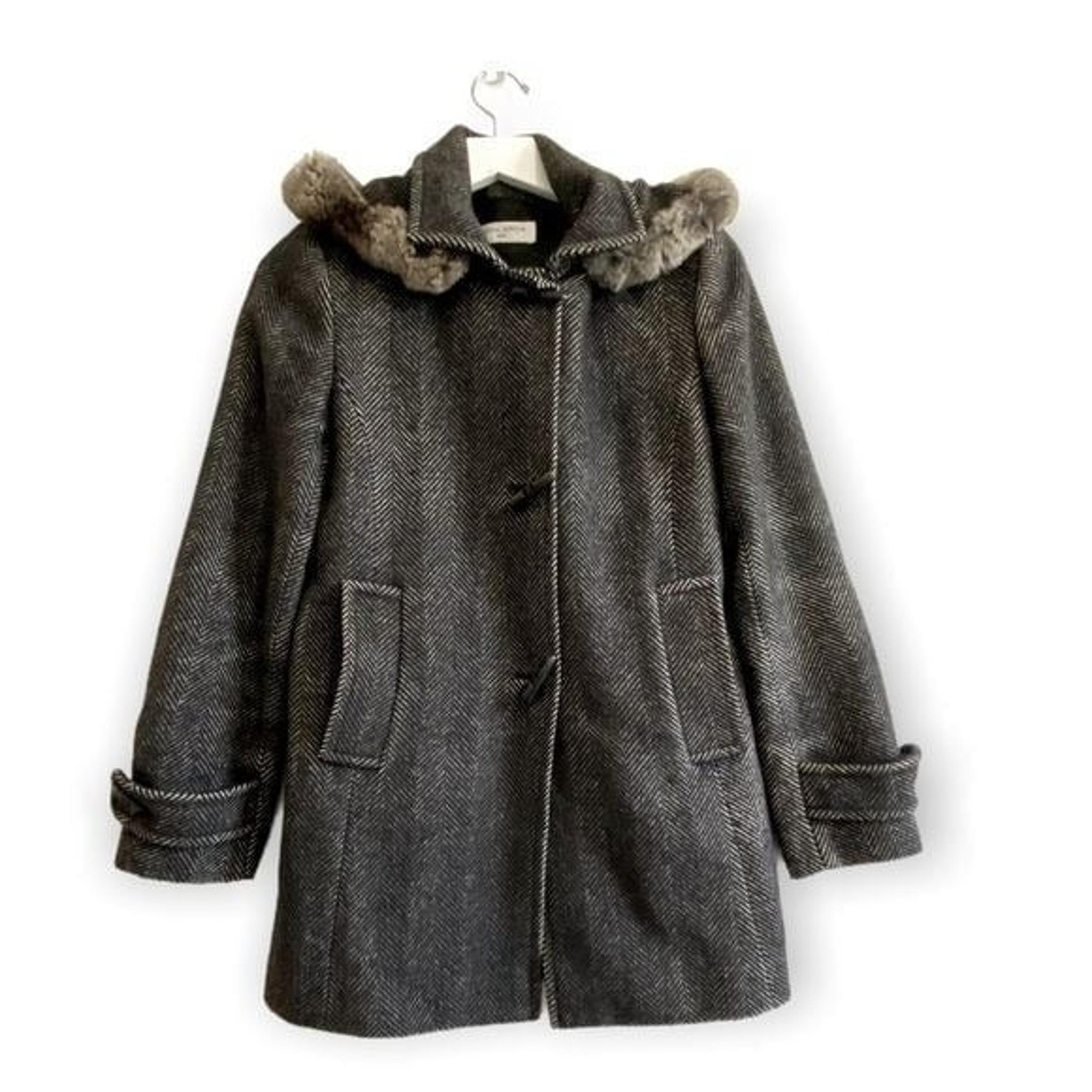 Cinzia Rocca Wool Herringbone Coat with Removable hood with Fur, 36EU