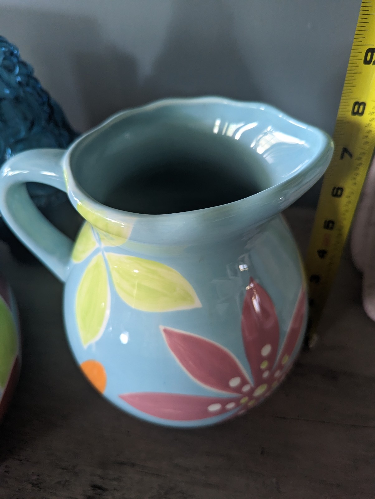 Studio D Earthenware Water Pitcher & Bowl Feelin Groovy Floral Pattern 7.5