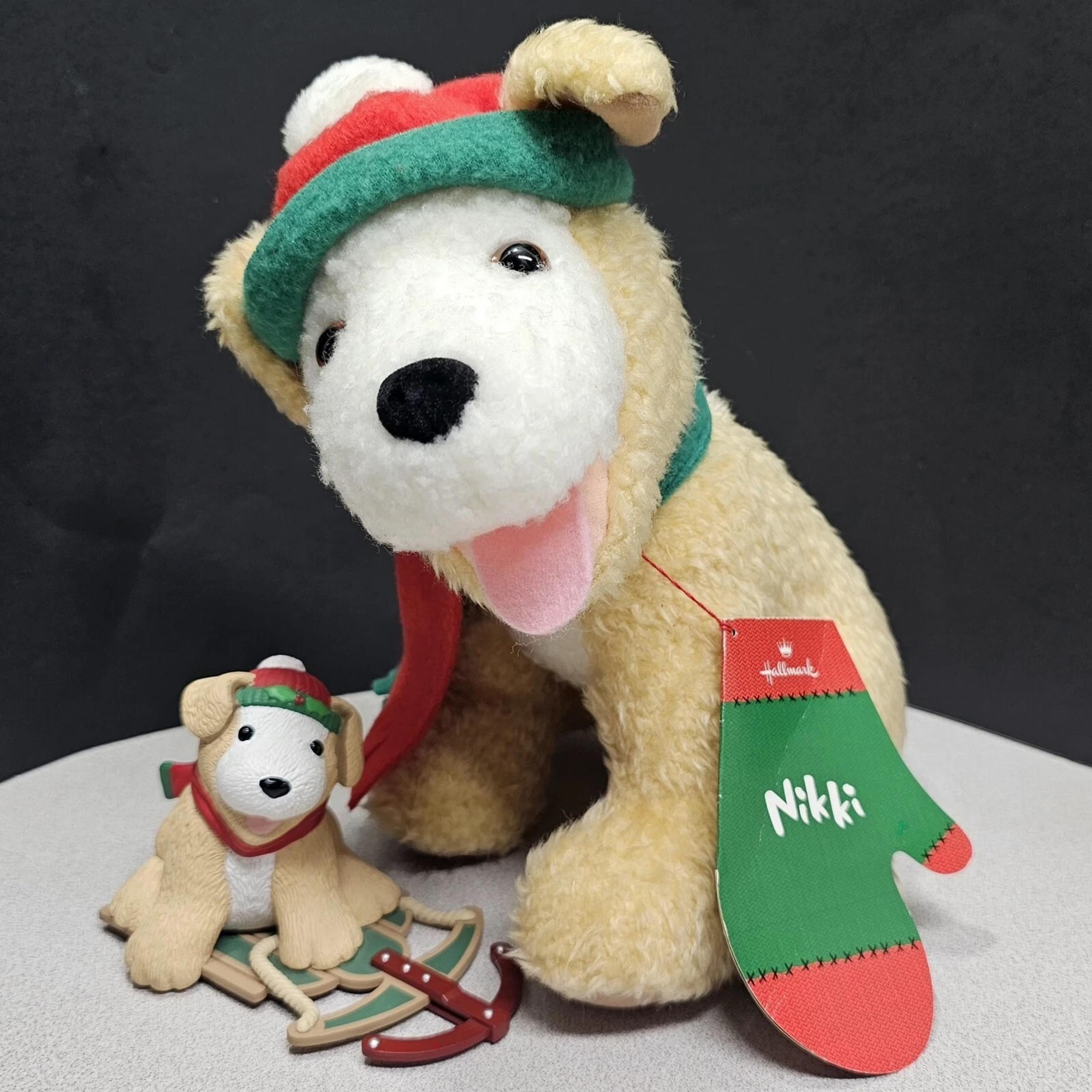 Christmas Hallmark Nikki Dog Stuffed Animal & Sled Figurine Beige 10" Plush Toy
